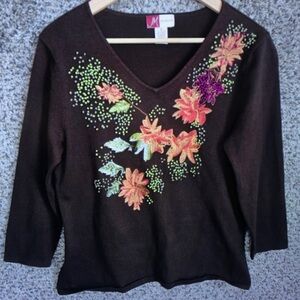 Embroidered Floral Brown Sweater